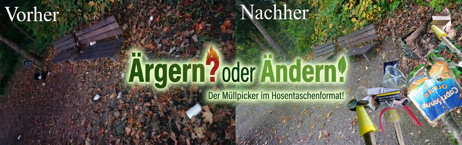 Ein Vorher nacher Bild von einem Park Ecke mit Parkbänken wie da müll weggessammelt wurde